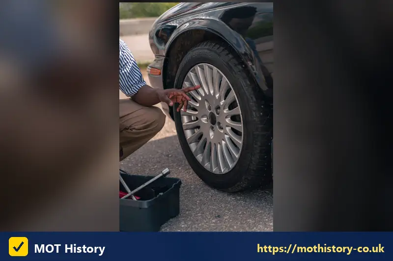 Person checking a car wheel and tyre - mot failure rules